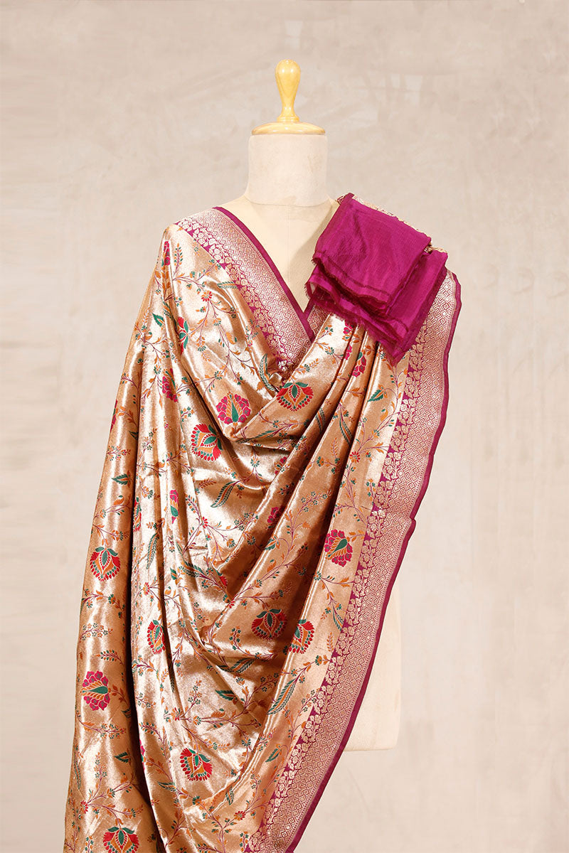 Wine Banarasi Dupatta with Gold Zari Floral Jaal