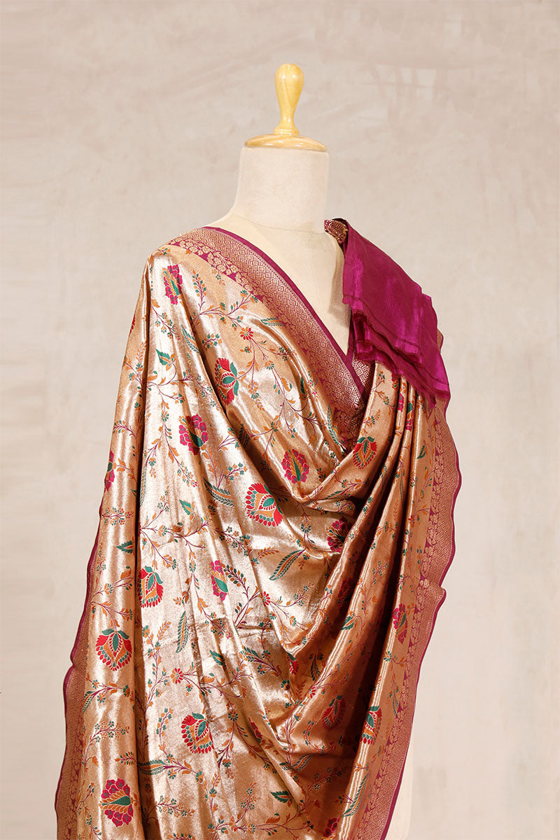 Wine Banarasi Dupatta with Gold Zari Floral Jaal