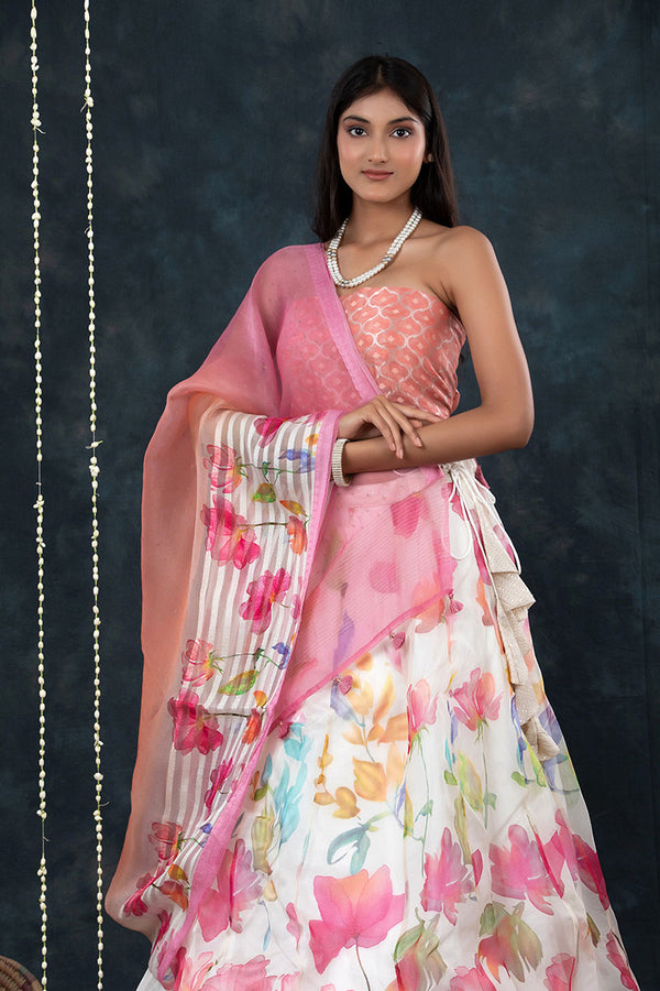 Pink & White Floral Printed Organza Silk Lehenga - Chinaya Banaras
