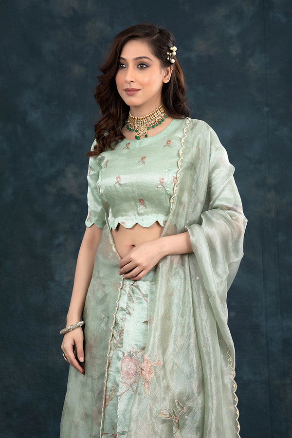 Mint Green Embellished Tissue Silk Lehenga - Chinaya Banaras