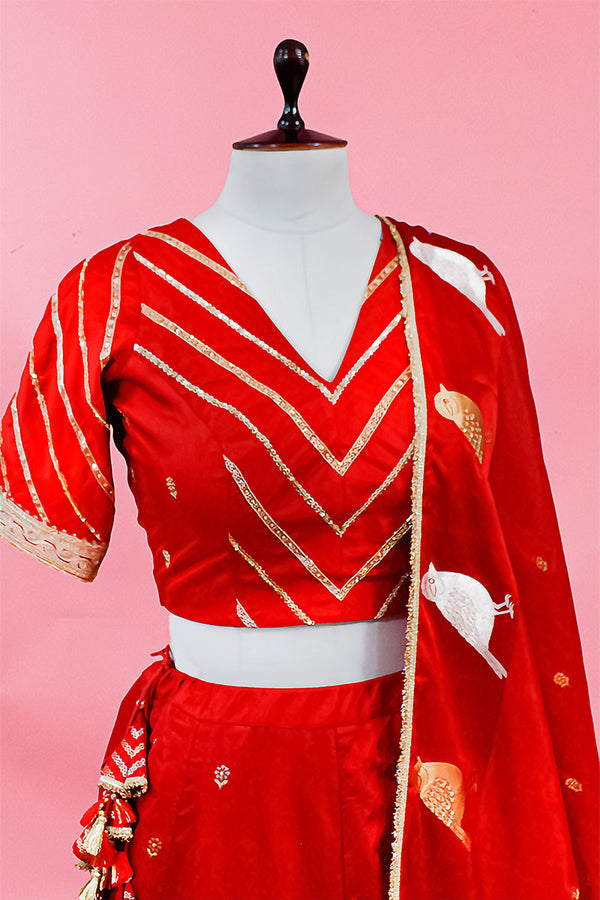 Red Banarasi Silk Lehenga with Gayatri Mantra & Bird Motifs