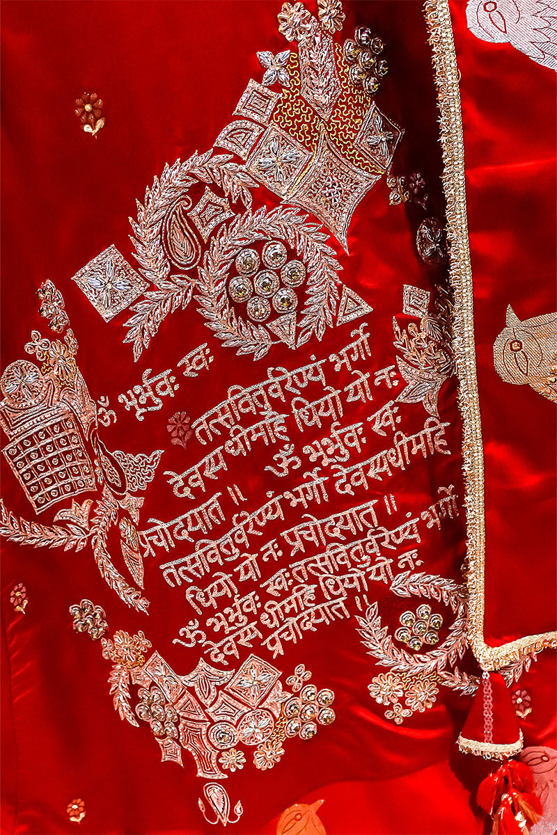 Red Banarasi Silk Lehenga with Gayatri Mantra & Bird Motifs