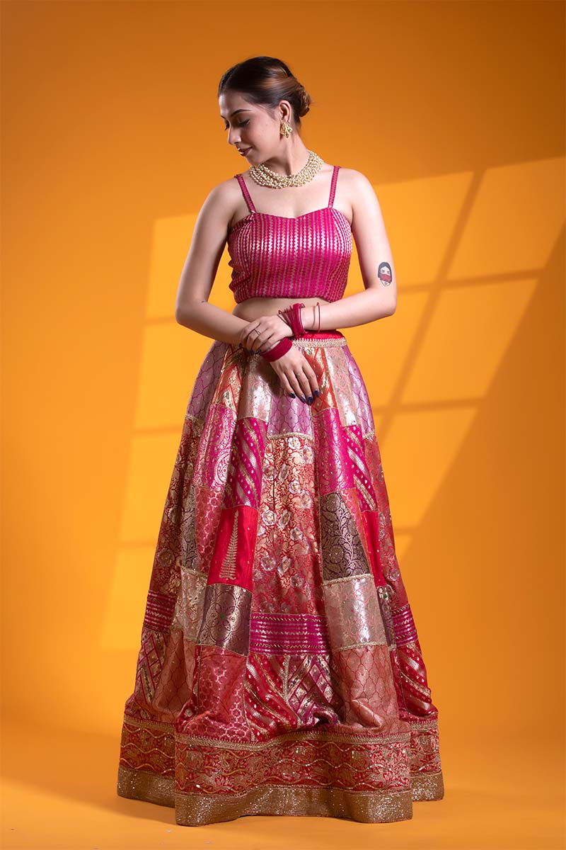 Fuchsia Pink Banarasi Lehenga with Hand Embellishments