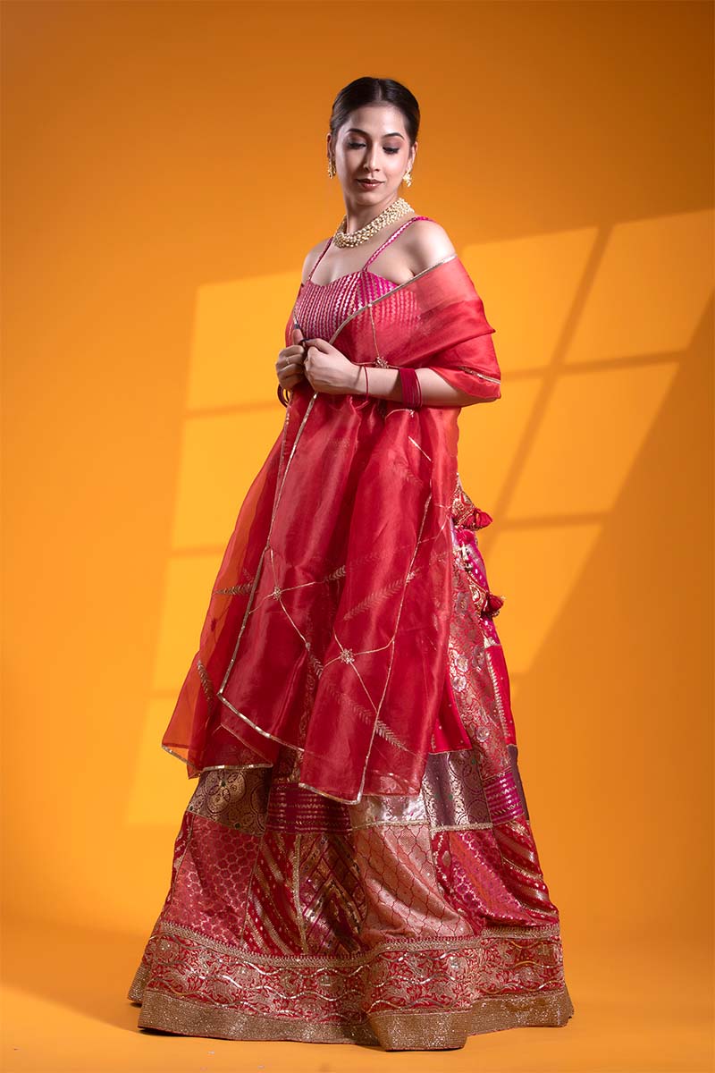 Fuchsia Pink Banarasi Lehenga with Hand Embellishments