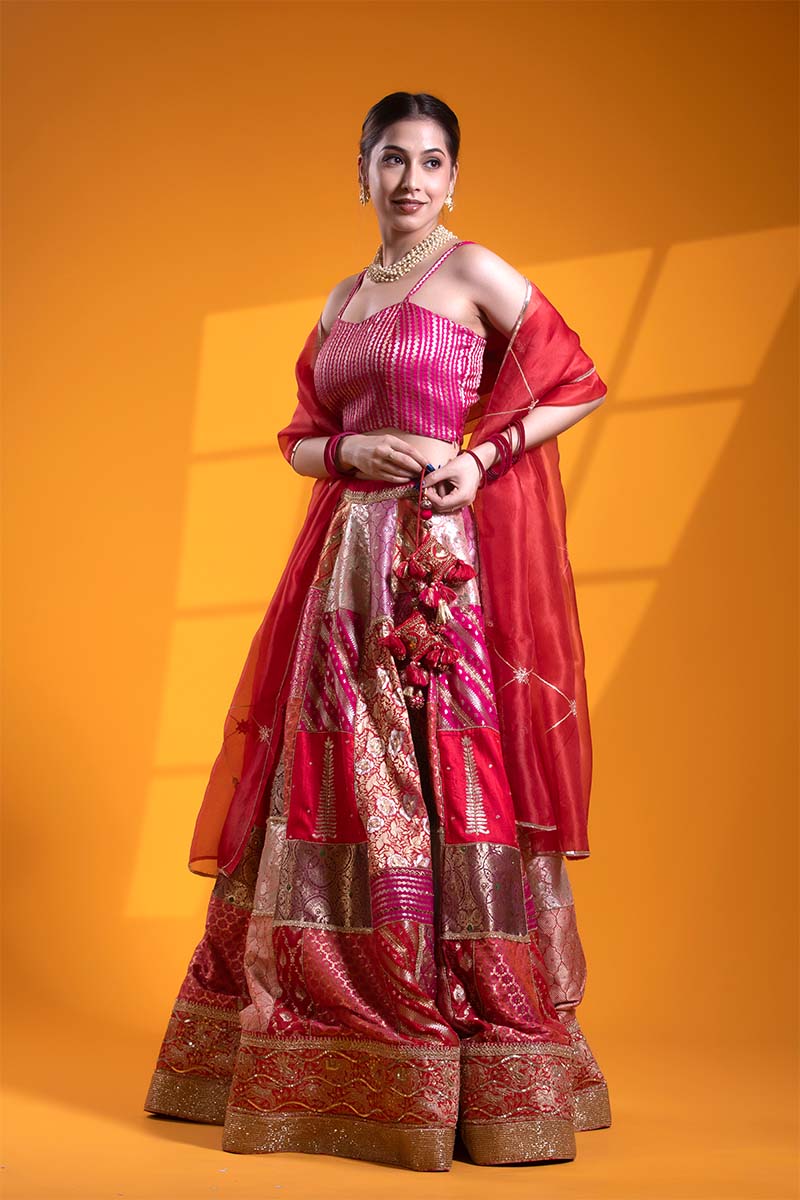 Fuchsia Pink Banarasi Lehenga with Hand Embellishments