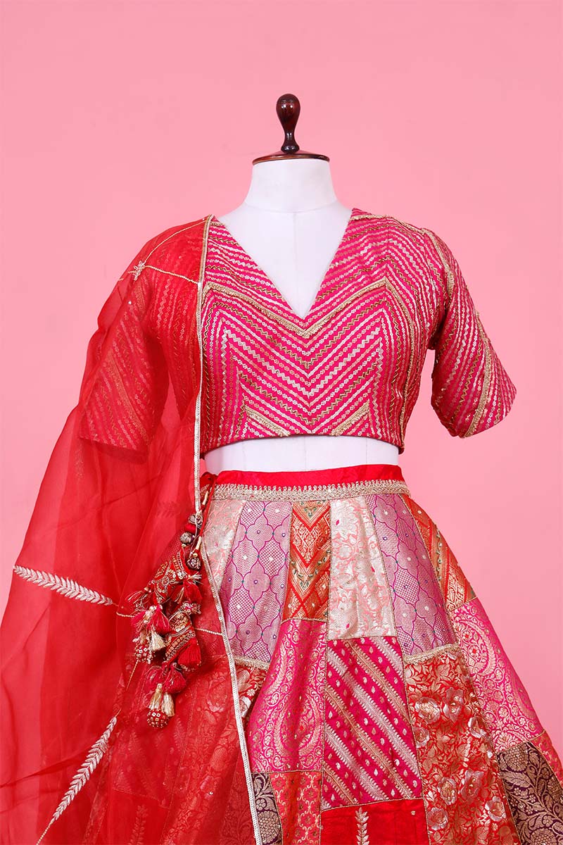 Fuchsia Pink Banarasi Lehenga with Hand Embellishments