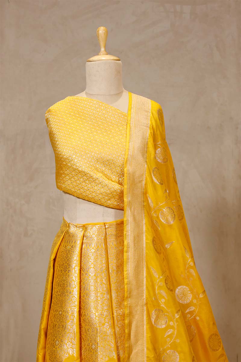 Yellow Banarasi Bridal Lehenga with Gold and Silver Zari Work