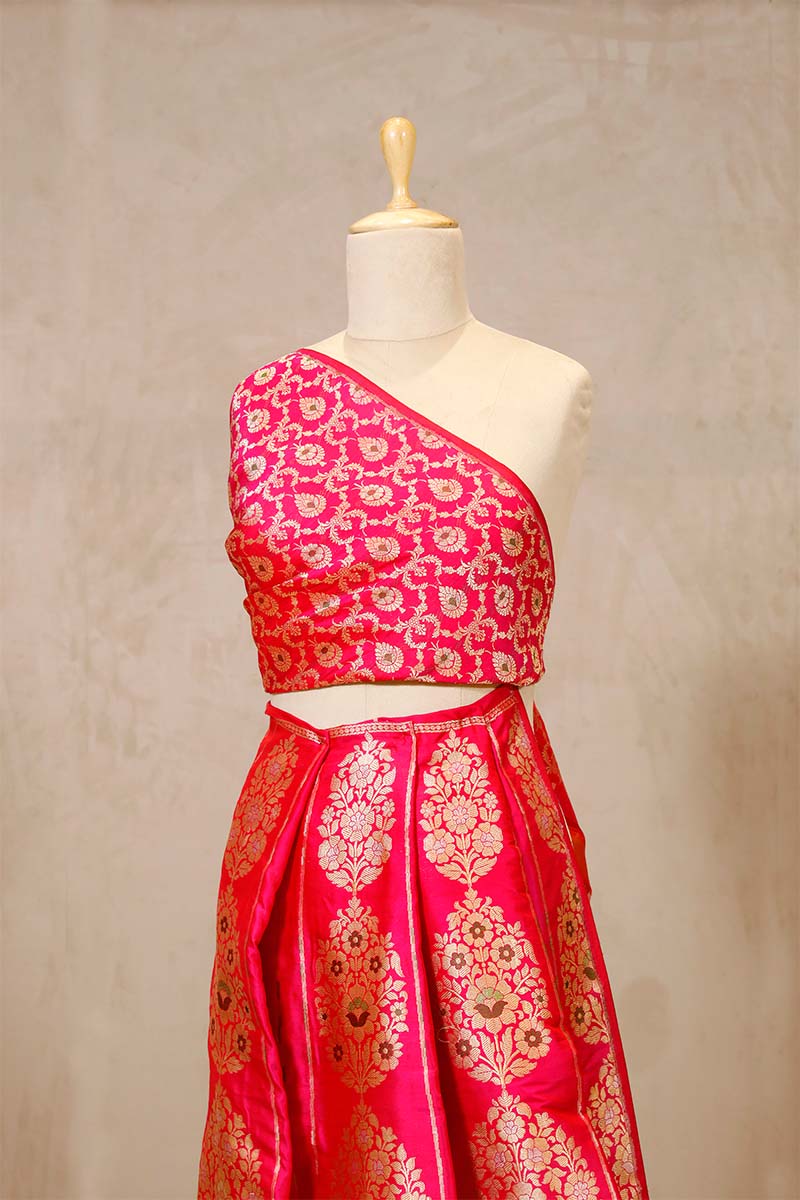 Magenta Pink Banarasi Bridal Lehenga with Meenakari Floral Birds