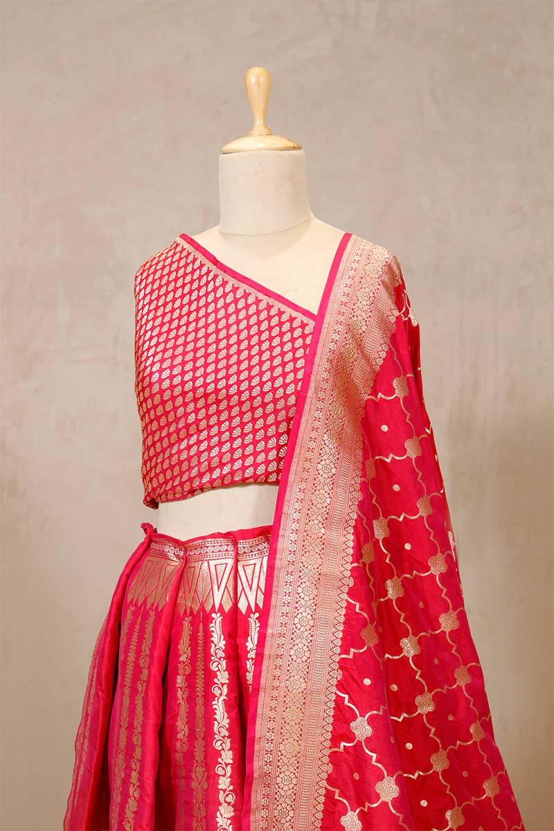 Cherry Red Banarasi Bridal Lehenga with Gold and Silver Zari Work