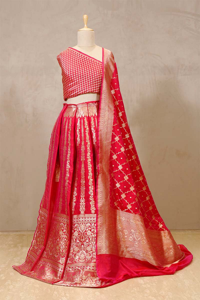 Cherry Red Banarasi Bridal Lehenga with Gold and Silver Zari Work