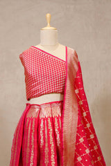 Cherry Red Banarasi Bridal Lehenga with Gold and Silver Zari Work