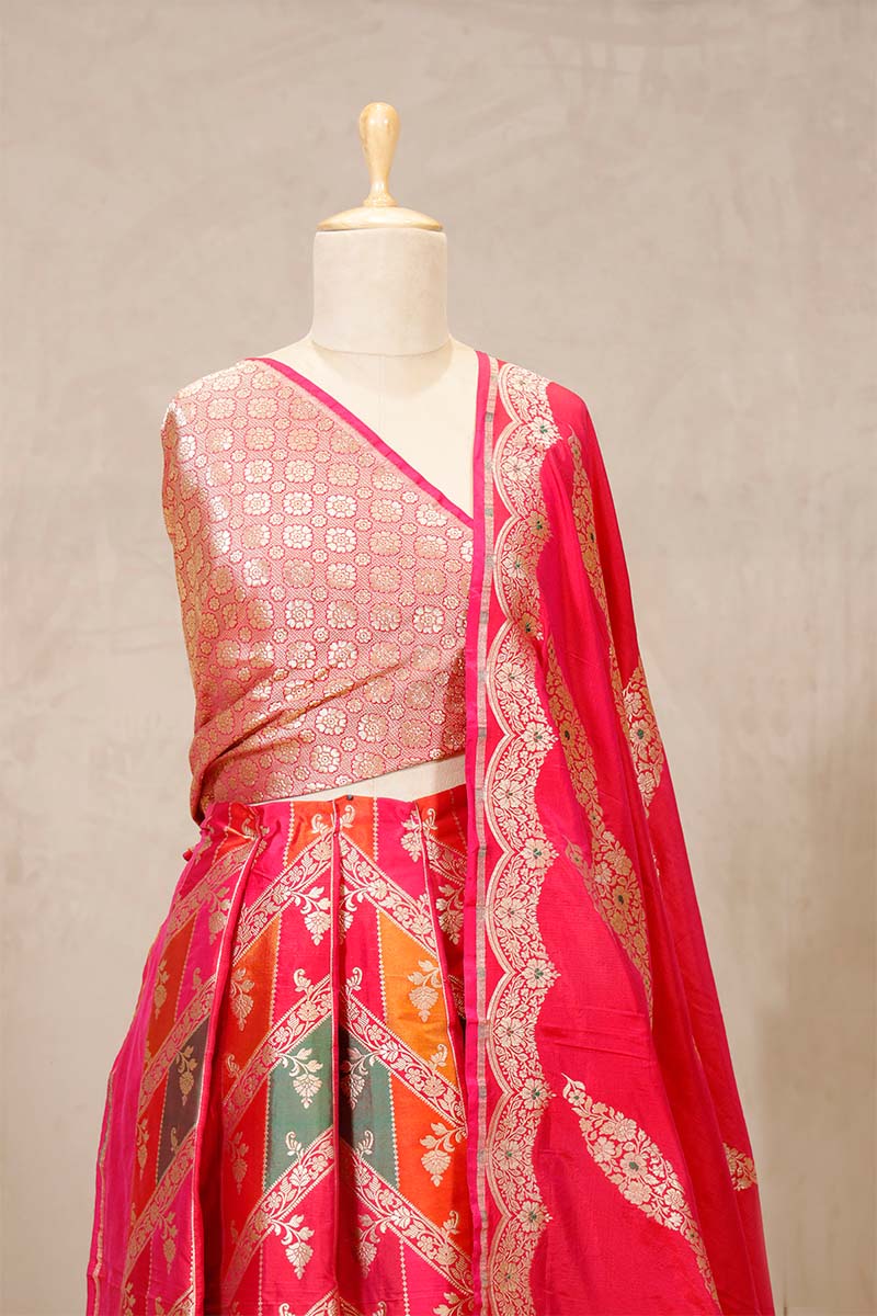 Pink Banarasi Bridal Lehenga with Floral Rangkat Meenakari Work