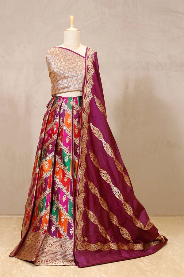 Deep Purple Banarasi Bridal Lehenga with Floral Rangkat Meenakari Work