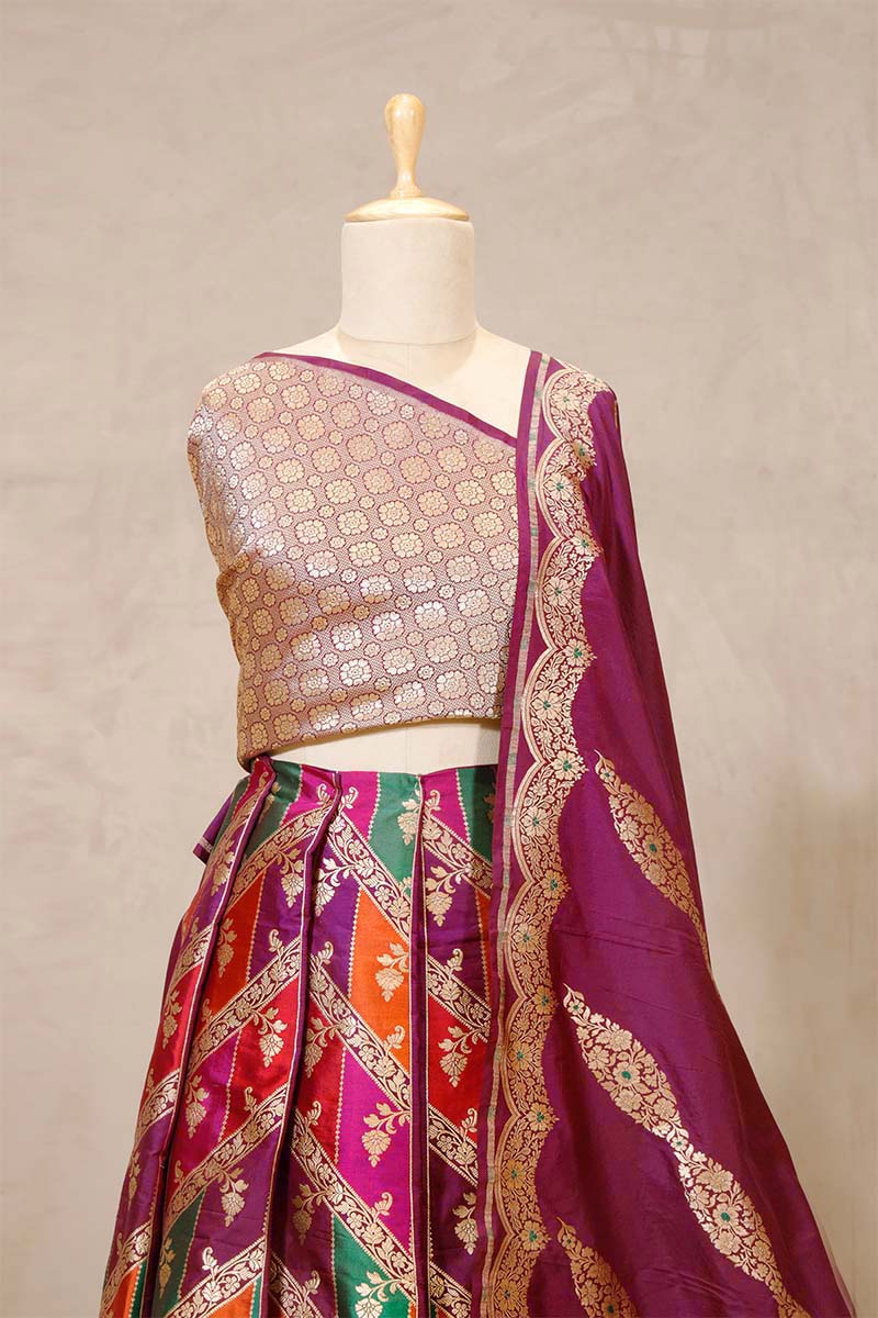 Deep Purple Banarasi Bridal Lehenga with Floral Rangkat Meenakari Work