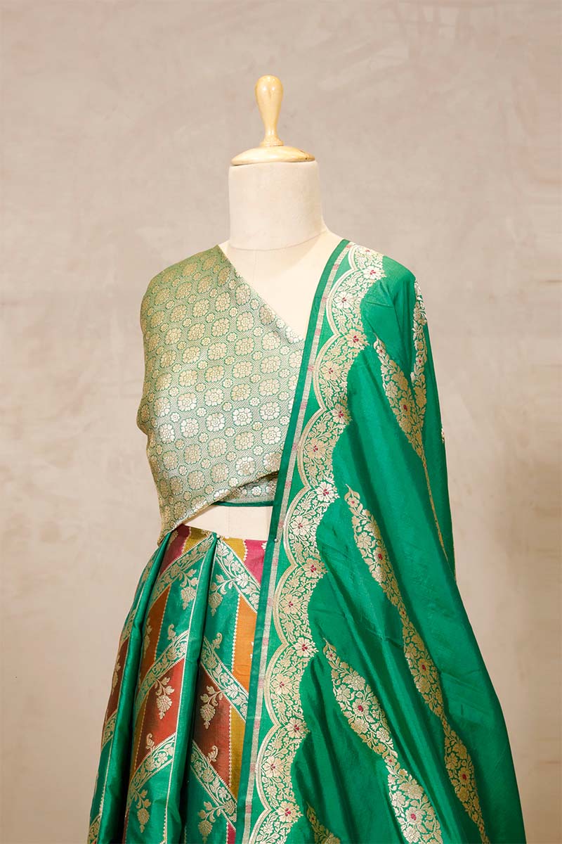 Bottle Green Banarasi Bridal Lehenga with Floral Rangkat Meenakari Work