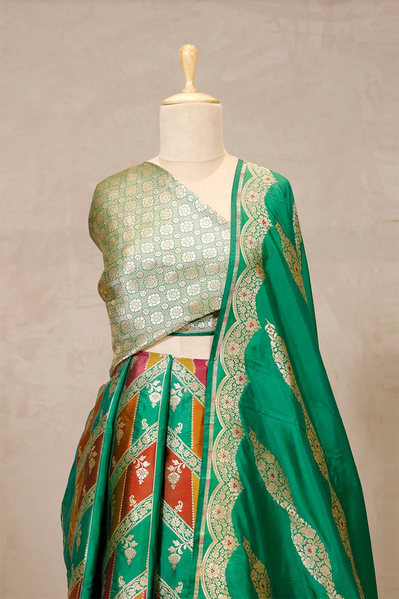 Bottle Green Banarasi Bridal Lehenga with Floral Rangkat Meenakari Work