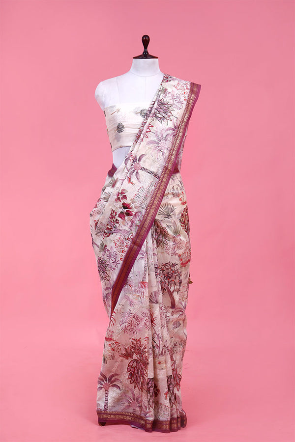 Buy White & Purple Chanderi Silk Saree Online