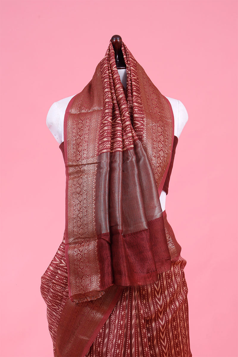 Rust Brown Geometrical Printed Chanderi Silk Saree