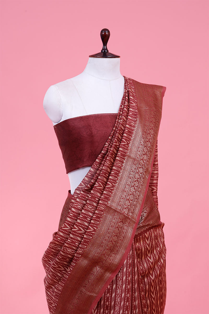 Rust Brown Geometrical Printed Chanderi Silk Saree