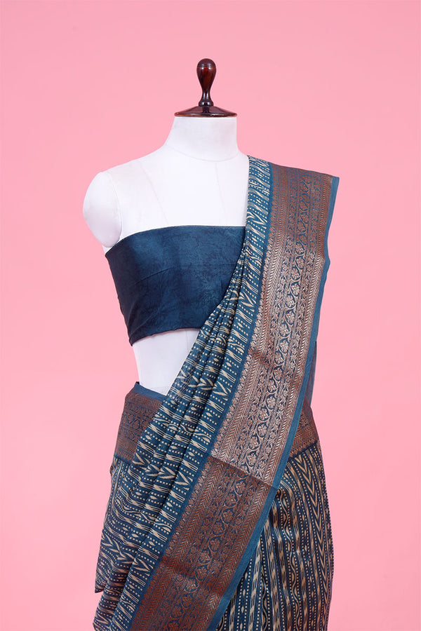 Teal Blue Geometrical Printed Chanderi Silk Saree