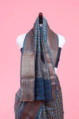 Teal Blue Geometrical Printed Chanderi Silk Saree