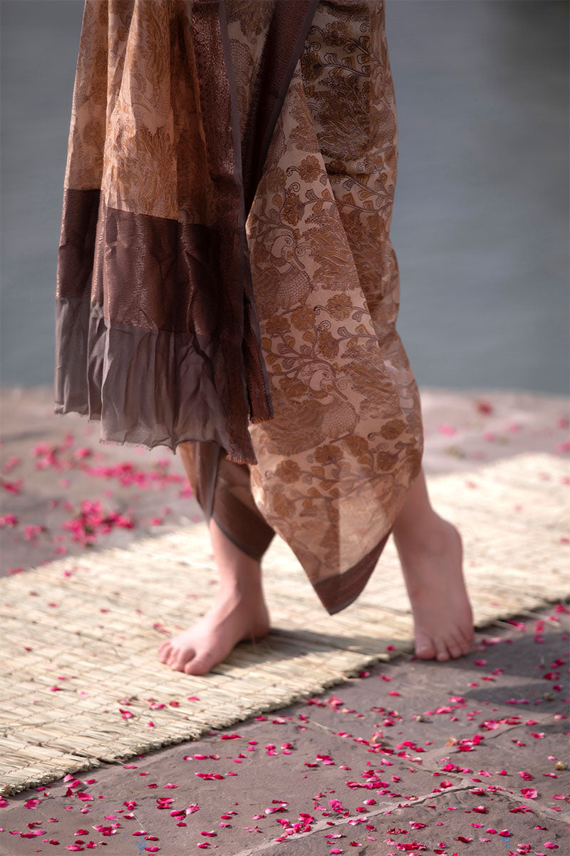 Light Brown Kalamkari  Printed Chanderi Silk Saree