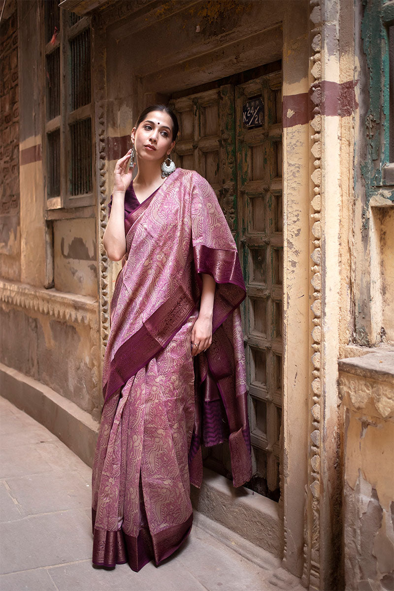 Purple Kalamkari Printed Chanderi Silk Saree