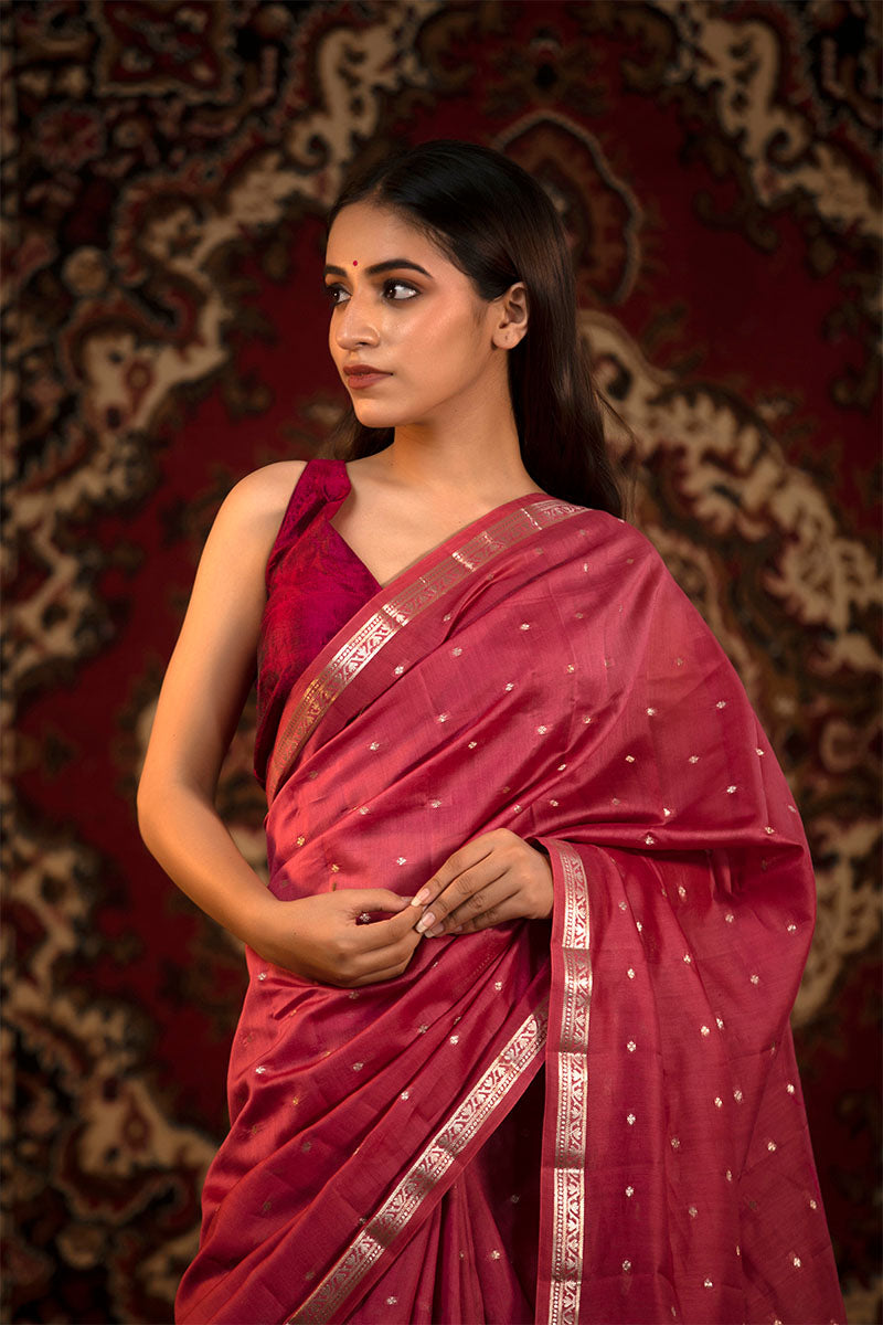 Dark Pink Woven Chanderi Silk Saree