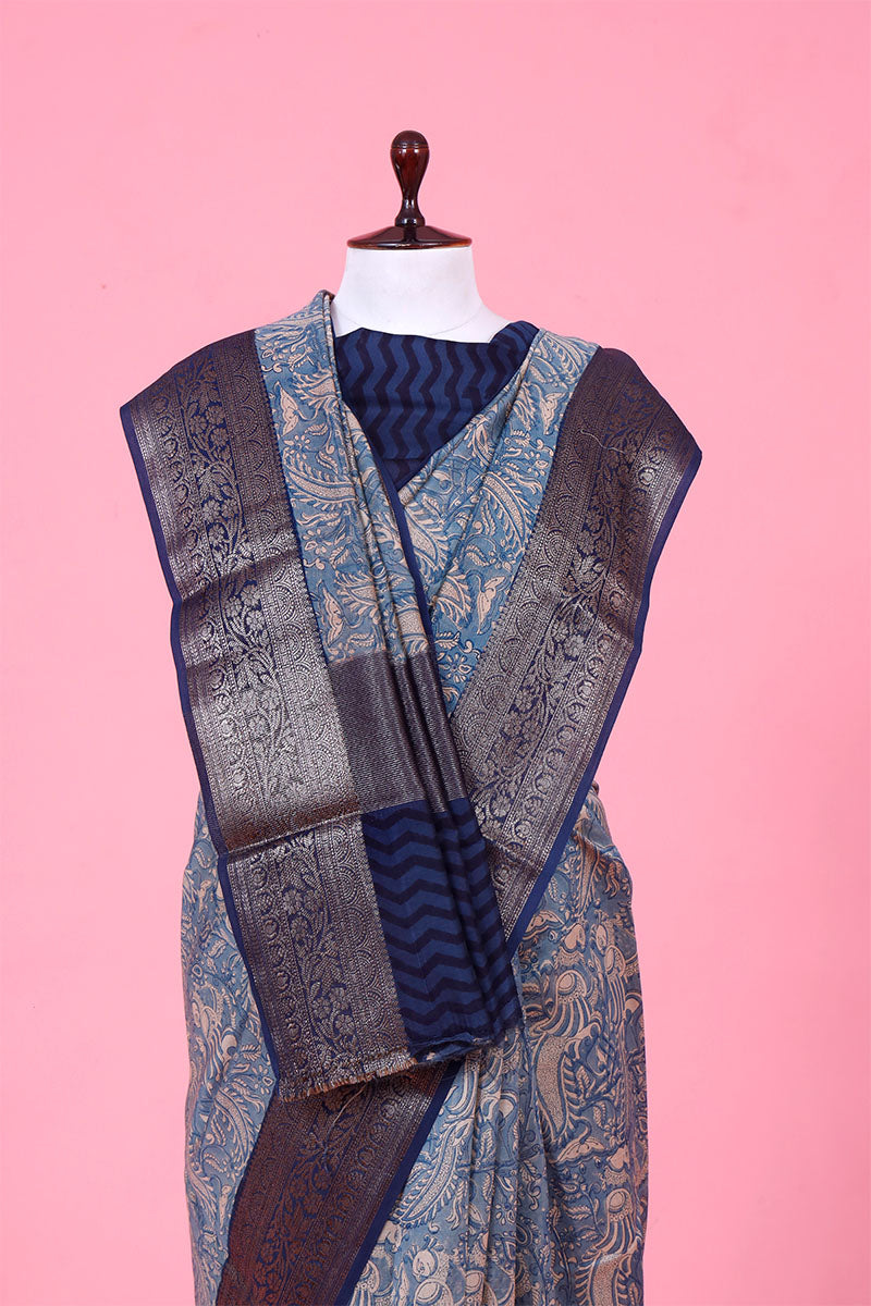 Blue Kalamkari Printed Chanderi Silk Saree