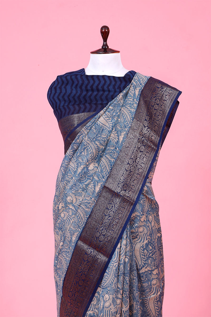 Blue Kalamkari Printed Chanderi Silk Saree