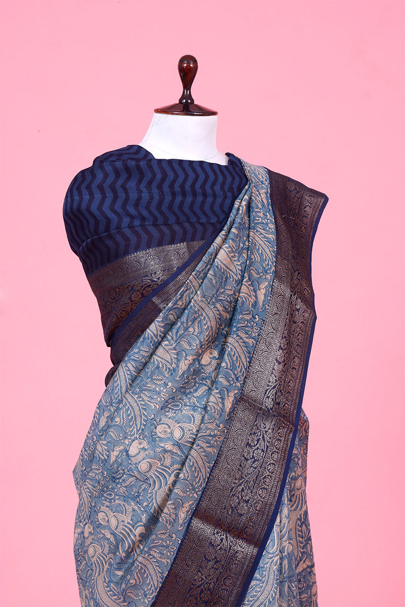 Blue Kalamkari Printed Chanderi Silk Saree