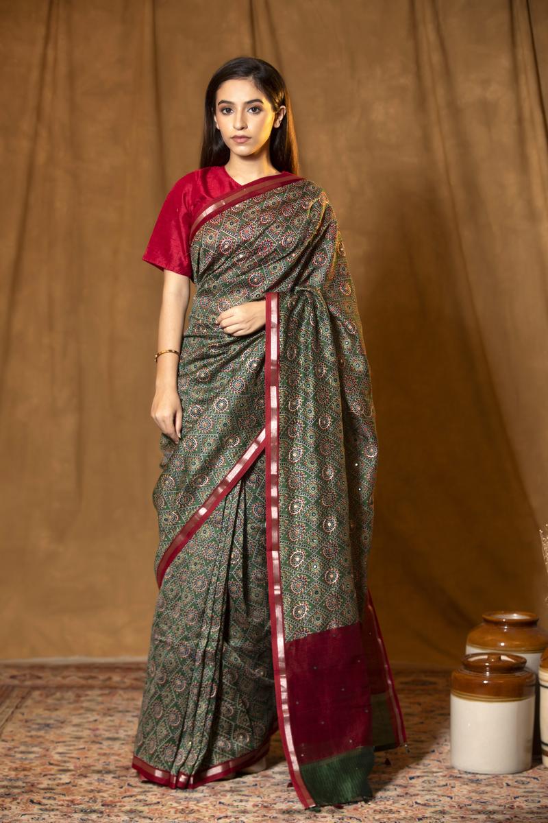 Bottle Green Chanderi Silk Saree with Ajrakh Print (Pre-Pleated)