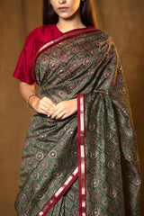 Bottle Green Chanderi Silk Saree with Ajrakh Print (Pre-Pleated)