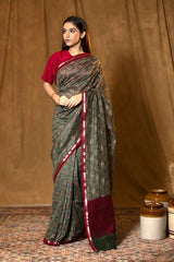 Bottle Green Chanderi Silk Saree with Ajrakh Print (Pre-Pleated)