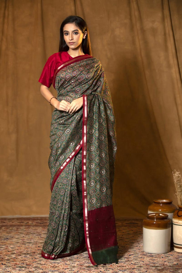 saree, green saree, Ajrakh printed Saree, chanderi saree, silk chanderi saree, chanderi cotton saree, daily wear saree, traditional saree, indian saree, pre-pleated saree