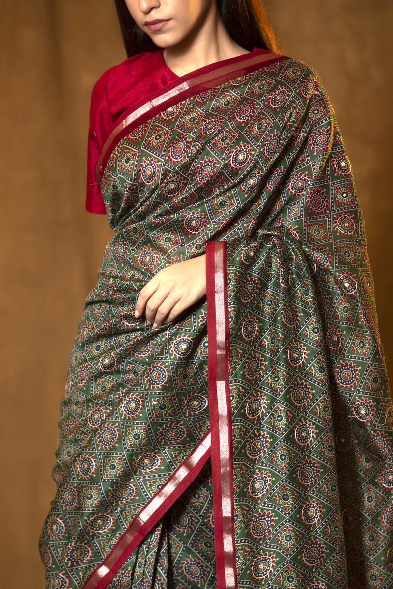 Bottle Green Chanderi Silk Saree with Ajrakh Print (Pre-Pleated)