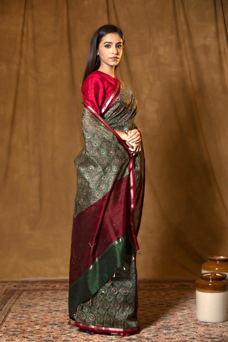 Bottle Green Chanderi Silk Saree with Ajrakh Print (Pre-Pleated)