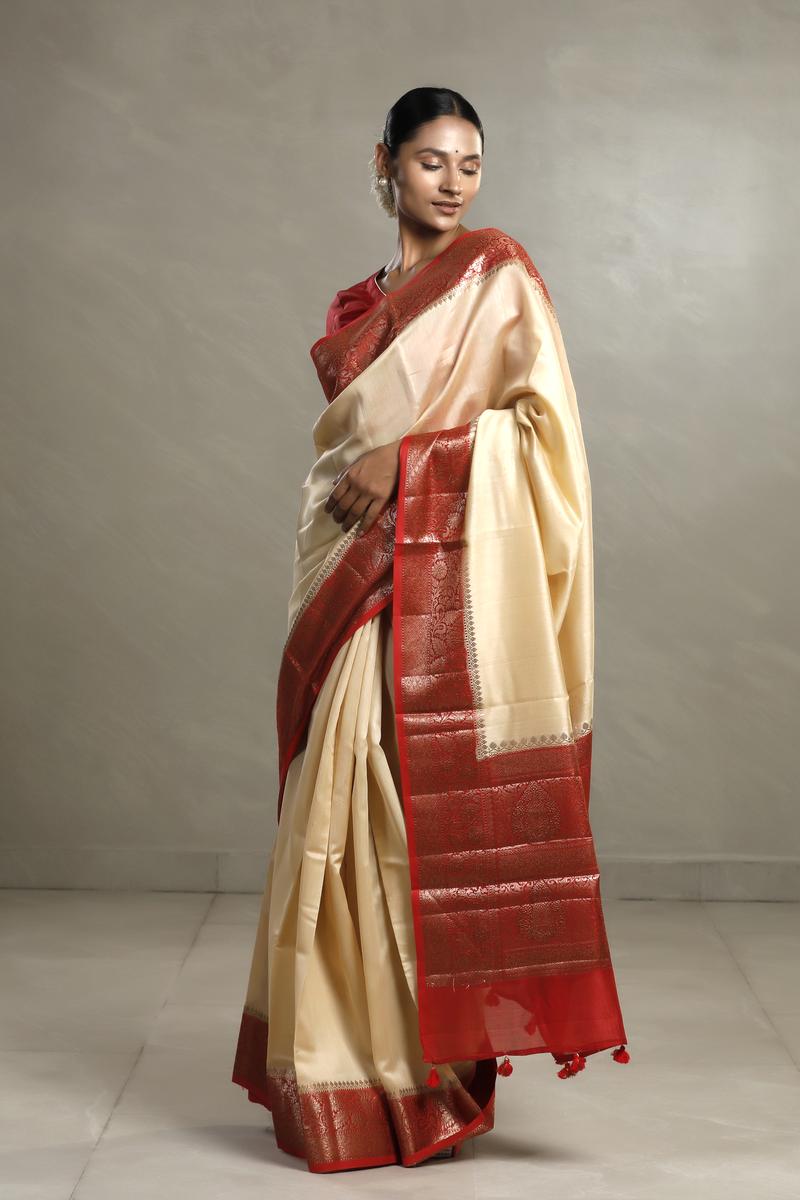 Beige And Red Chanderi Silk Saree with Black Antique Zari Border