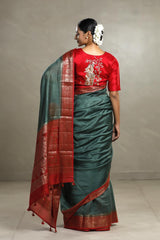 Beige And Red Chanderi Silk Saree with Black Antique Zari Border