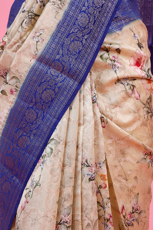 Off White Floral Printed Chiniya Silk Saree