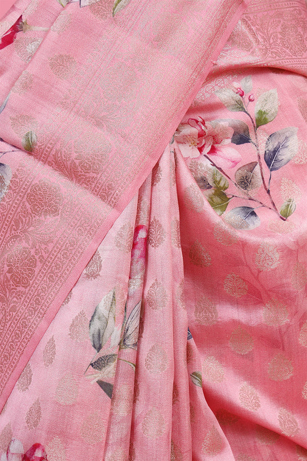 Baby Pink Floral Printed Chiniya Silk Sarees