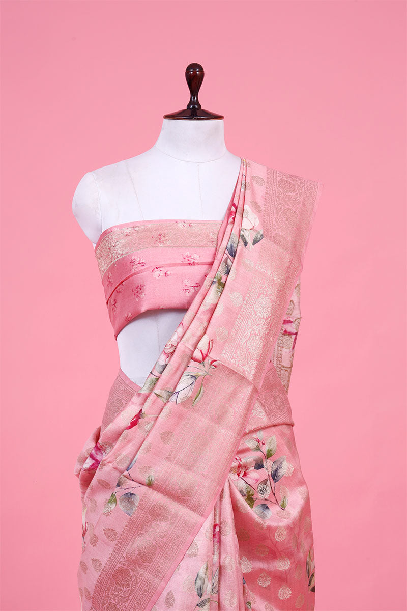 Baby Pink Floral Printed Chiniya Silk Sarees