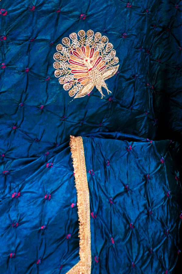 Blue Bandhani Chiniya Silk Banarasi Saree with Zardozi Mayur Motif