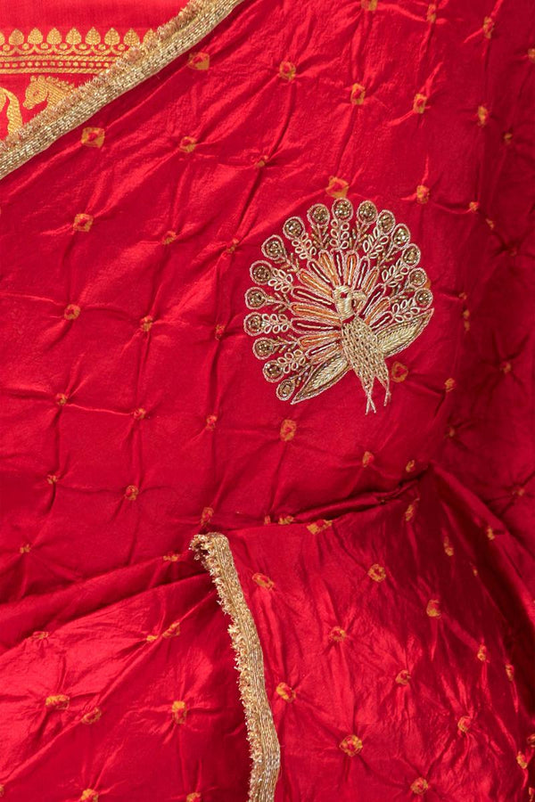 Red Dupion Silk Saree with Mayur Motifs