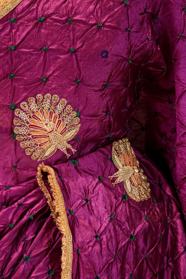 Purple Bandhani Chiniya Silk Banarasi Saree with Zardozi Mayur Motif