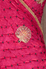 Pink Bandhani Chiniya Silk Banarasi Saree with Zardozi Mayur Motif