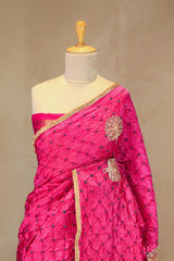 Pink Bandhani Chiniya Silk Banarasi Saree with Zardozi Mayur Motif