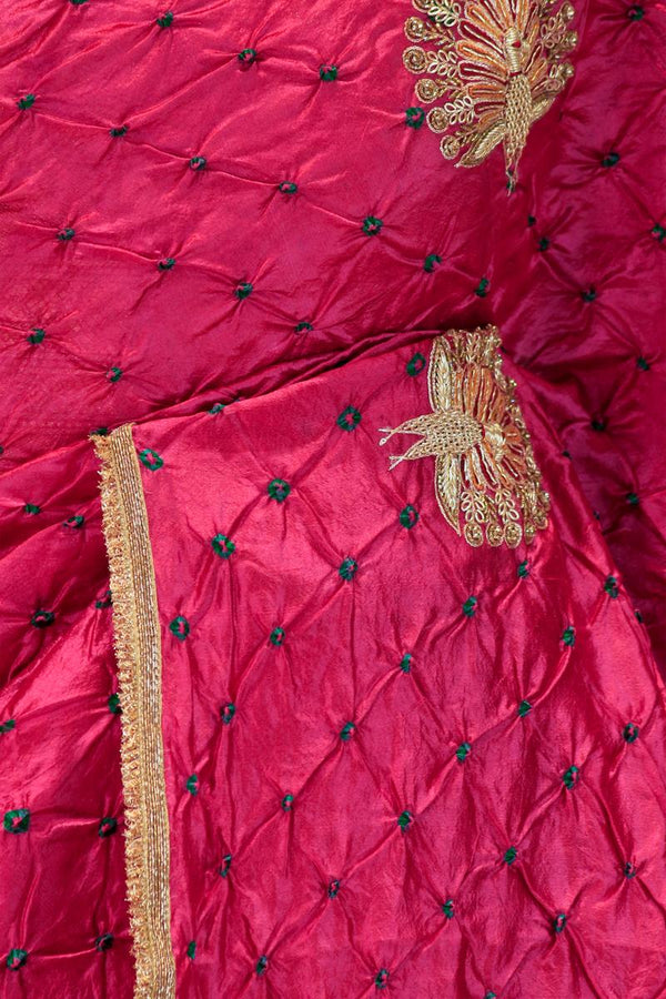 Pink Bandhani Chiniya Silk Banarasi Saree with Zardozi Mayur Motif