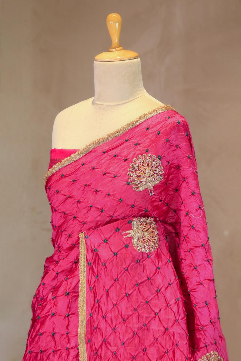 Pink Bandhani Chiniya Silk Banarasi Saree with Zardozi Mayur Motif