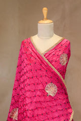 Pink Bandhani Chiniya Silk Banarasi Saree with Zardozi Mayur Motif